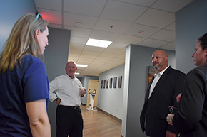 Heidi Erickson, RN (left), manager of pulmonary research, converses with UArizona engineering executive director Ralph Banks, Chris Morton and his wife, Andrea.