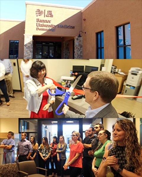 Collage from ribbon-cutting at new UA/Banner Dermatology clinical offices at Pima Canyon Drive and Skyline Road