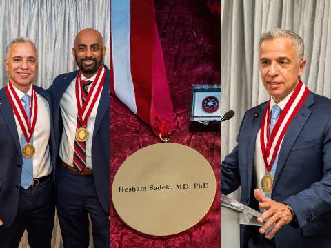 [A collage of images from the Feb. 10, 2025, investiture ceremony for Drs. Hesham Sadek, Division of Cardiology chief and Sarver Heart Center director, and Sakthivel Sadayappan, Department of Cellular & Molecular Medicine chair and center associate director, at the U of A College of Medicine – Tucson.]