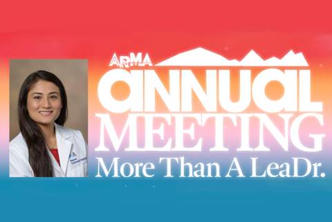 Logo for Arizona Medical Association Annual Meeting in white on rainbow background with photo of Dr. Pallabi Shrestha to left of logo.