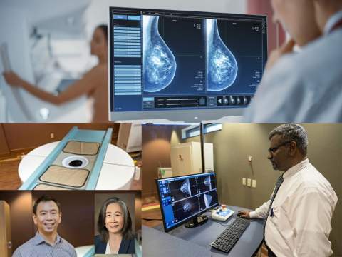 [Collage of images related to testing of noncompression CT technology to detect breast cancers more accurately while increasing comfort and decreasing radiation exposure]