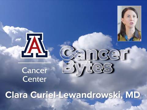 [Cancer Bytes logo banner image with name and photo of Clara Curiel-Lewandrowski, MD]