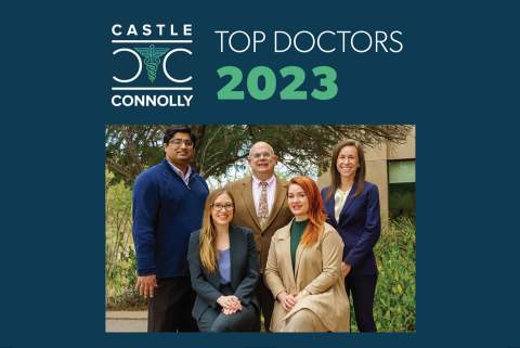 Castle Connelly's Top Doctors 2023 logo with photo of five University of Arizona College of Medicine - Tucson faculty physicians, four from the Department of Medicine, also recognized as part of the Arizona Cancer Center's lung cancer team (clockwise from top left): Madhav Chopra, MD; James Knepler, MD; Stephanie Worrell, MD; Billie Bixby, MD; and Ricklie Julian, MD.