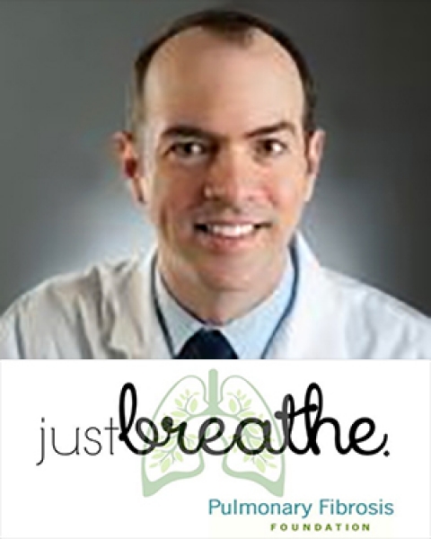 Dr. David Lederer with Pulmonary Fibrosis Foundation banner - "just breathe"