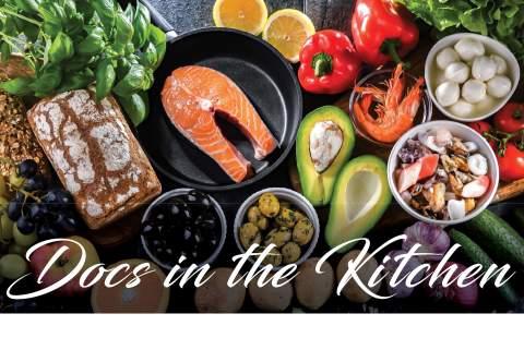 [Docs in the Kitchen logo surrounded by birdseye view of ingredients for a Mediterranean diet]