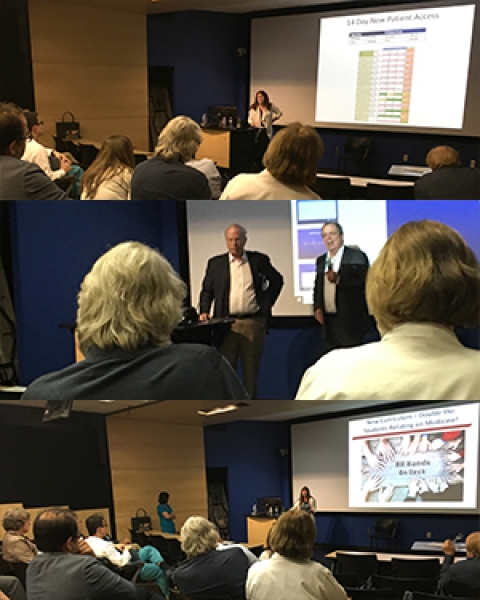 Collage of images from Fall 2018 DOM General Faculty Meeting including Drs. Ojo, Kron, Dake and Sussman