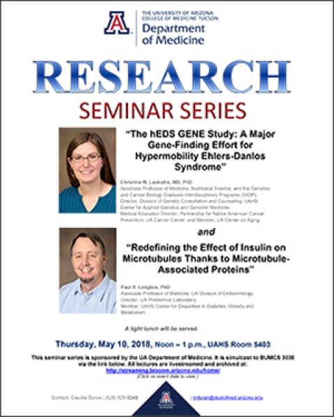 Flyer for May 10 DOM Research Seminar with Drs. Christina Laukaitis and Paul Langlais