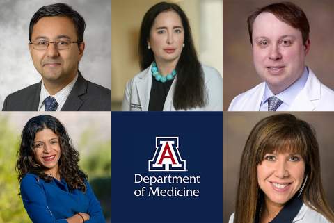Six faculty were made full professors in the University of Arizona Department of Medicine (clockwise from upper left): Drs. Deepak Acharya, Jennifer Carew, Steffan Nawrocki, Amy Sussman (the Department of Medicine logo) and Rachna Shroff.
