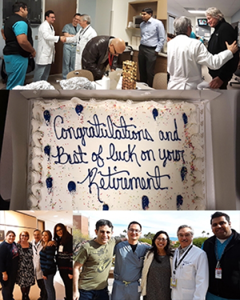 Collage of photos from Dr. Steve Goldschmid's retirement party at the UA Division of Gastroenterology and Hepatology