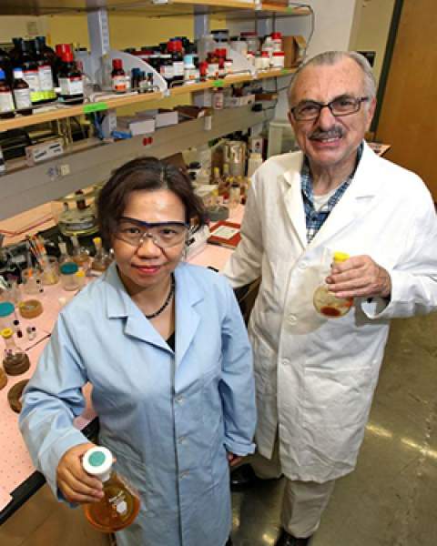 Drs. Minying Cai and Victor Hruby in their lab at the UA BIO5 Institute (Photo: Arizona Daily Star - used by permission)
