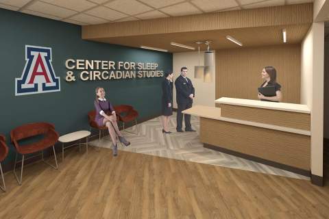 An architectural rendering shows the lobby of the new Center for Sleep and Circadian Sciences, where researchers will study sleep and circadian rhythms while controlling a multitude of factors including temperature, noise levels, and the intensity, duration and color of light.