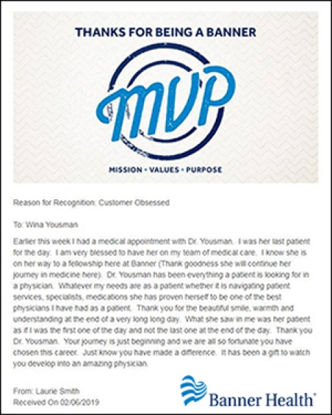 Teaser image of Banner Health MVP patient letter honoring Dr. Wina Yousman