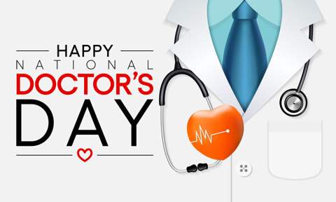 [Logo for Happy National Doctor's Day with illustration of white coat, stethoscope and heart]