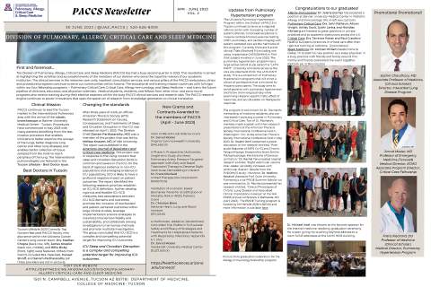 Two pages from the PACCS Newsletter, a quarterly publication of the University of Arizona Division of Pulmonary, Allergy, Critical Care and Sleep Medicine