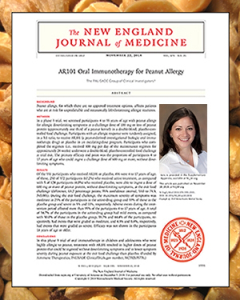 Dr. Tara Carr with New England Journal of Medicine article and peanuts