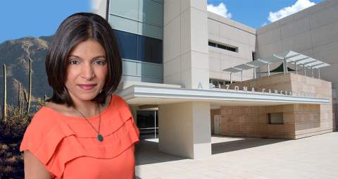 Rachna Shroff, MD, with images of desert mountains and Universityof Arizona Cancer Center in background