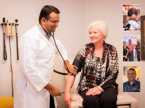 [Collage of photos of Bijin Thajudeen, MD, DEI champion for the Department of Medicine at the College of Medicine – Tucson: Dr. Thajudeen with a patient (main image), Dr. Thajudeen looking at a slide in a microscope (top of three images on right); Dr. Thajudeen at a DOM DEI Mixer hosted in August 2023 (center); and Dr. Thajudeen in the lobby of Banner – UMC Tucson, where he is medical director of the Division of Nephrology inpatient dialysis unit.]