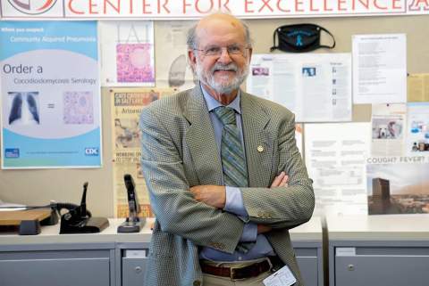[Photo of John N. Galgiani, MD, an infectious diseases professor at the UArizona Colleges of Medicine in Tucson and Phoenix, at the Valley Fever Center for Excellence that he directs.]