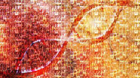 [Collage of women's faces make up a double-helix related to genomics and precision medicine.]