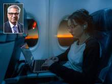 [Passenger on plane working on laptop at daybreak, with inset image of Sairam Parthasarathy, MD, Pulmonary division chief at the College of Medicine – Tucson and director of the Center for Sleep, Circadian and Neuroscience Research at the U of A Health Sciences] 