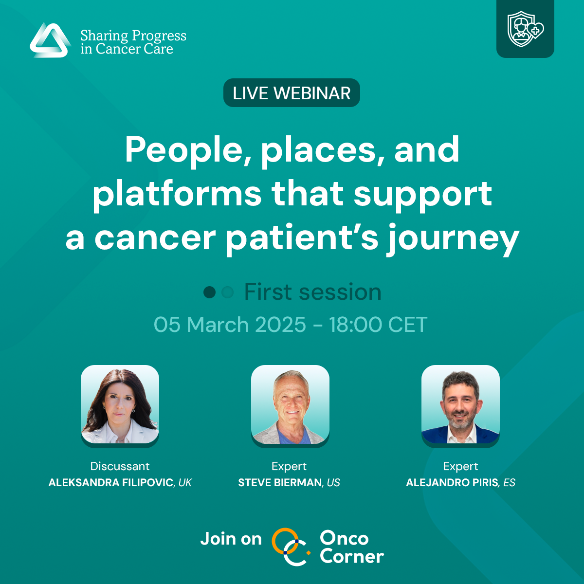 [OncoCorner graphic for 3.5.25 lecture on 'People, places and platforms that support a cancer patient's journey']