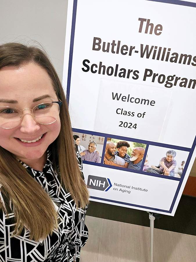 [April Ehrlich, MD, a new geriatrics faculty member in the Department of Medicine at the University of Arizona College of Medicine – Tucson, at the opening session of the Butler-Williams Scholars Program, a summer research institute hosted at the National Institute on Aging headquarters in Bethesda, Md.]