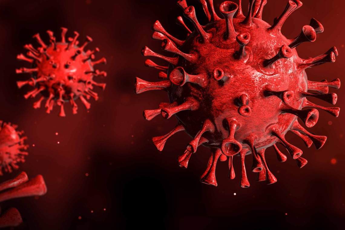 [3D illustration of a red coronavirus on a red background]