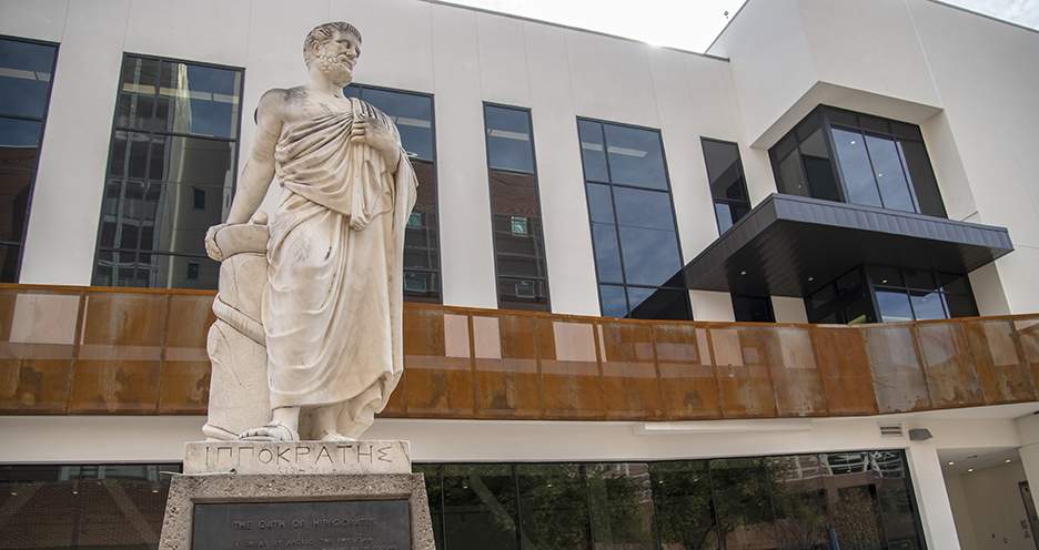 [Statue of Hippocrates in plaza between UArizona Sarver Heart Center and College of Pharmacy]