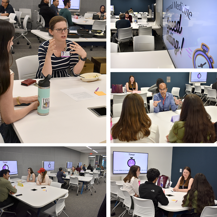 [A collage of images – including critical care specialist Laura Meinke, MD (top left), allergist Puneet Shroff, MD (middle right), and endocrinologist Sara Penquite, MD (bottom right) – from April 2024 IMSA Specialty Speed Dating event hosted on the U of A Health Sciences campus in Tucson.]