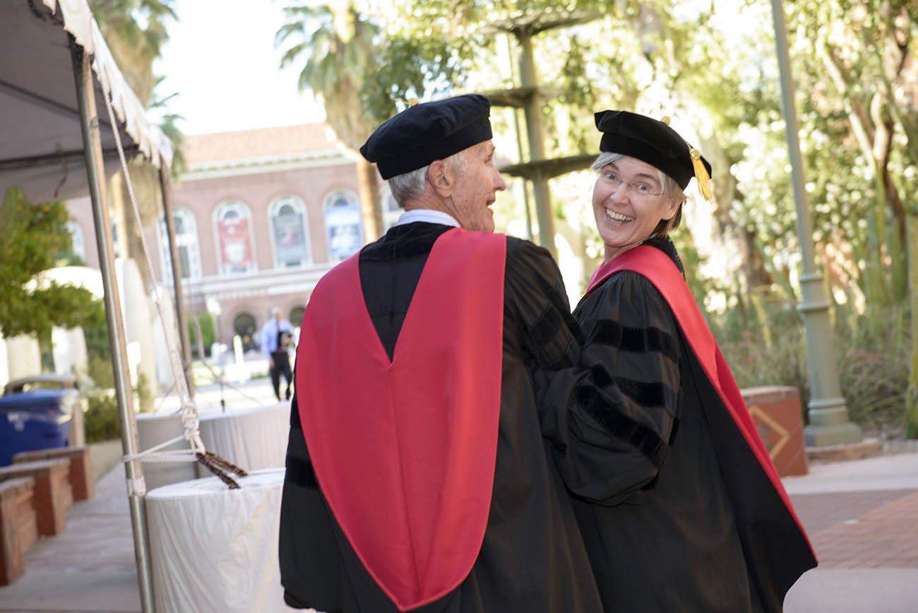 At the college’s 2017 convocation, Dr. Leslie Boyer and her father Dr. Jack Boyer marched together at Centennial Hall in celebration of the College of Medicine – Tucson’s 50th anniversary.