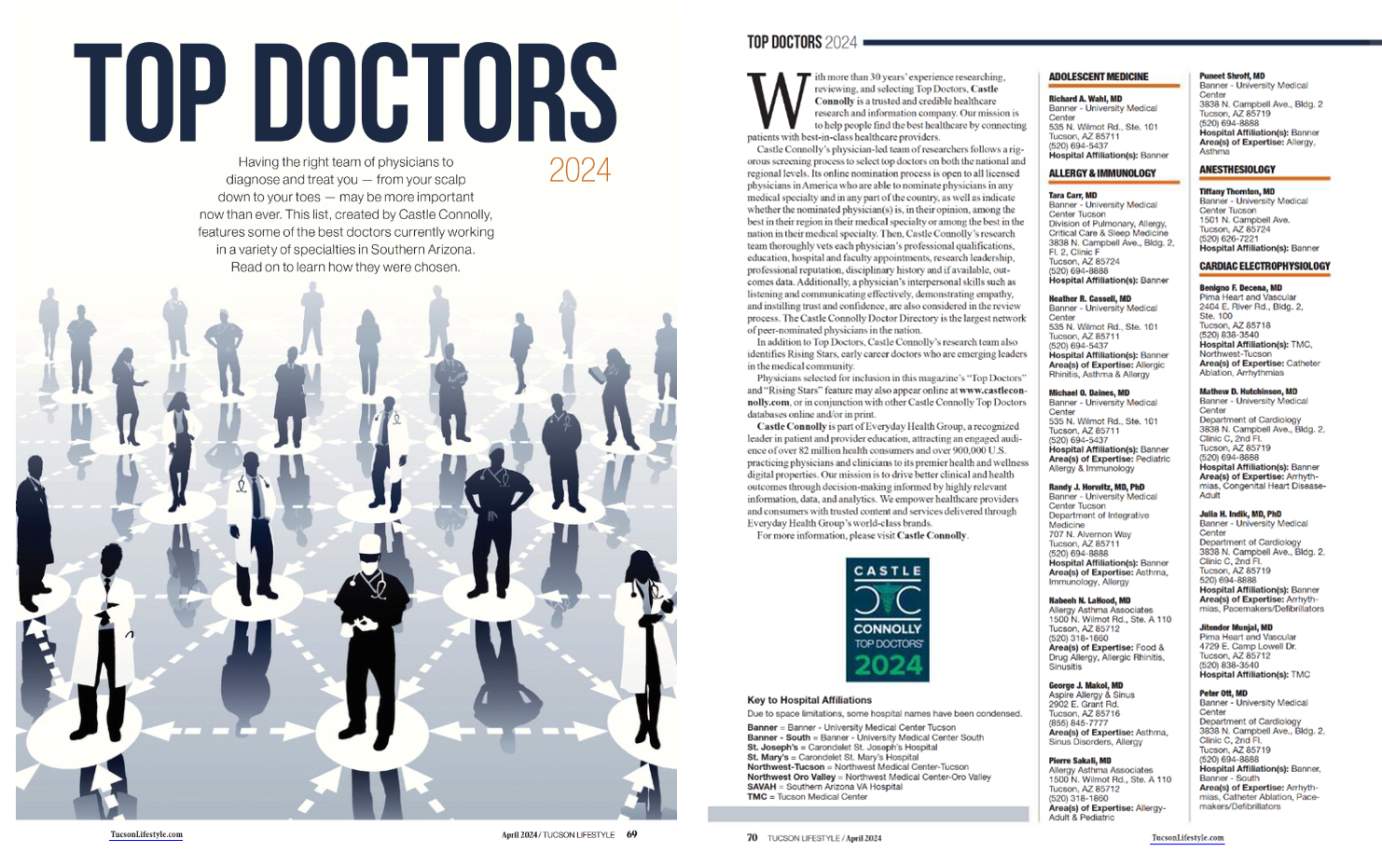 [First two pages of Tucson Lifestyle's Top Doctors 2024 feature story in its April issue]