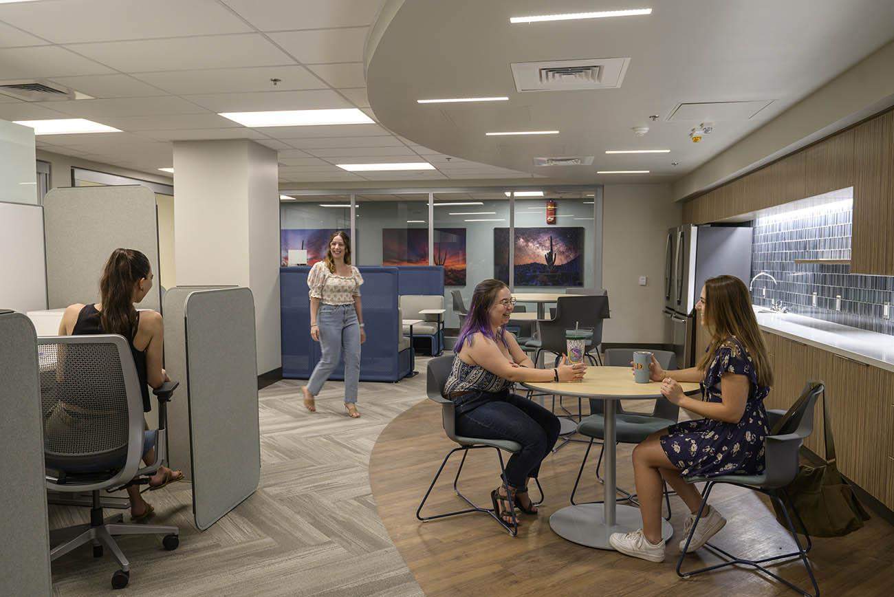 The new Center for Sleep, Circadian and Neuroscience Research includes a large breakroom with an open-office area for researchers to use while conducting studies.