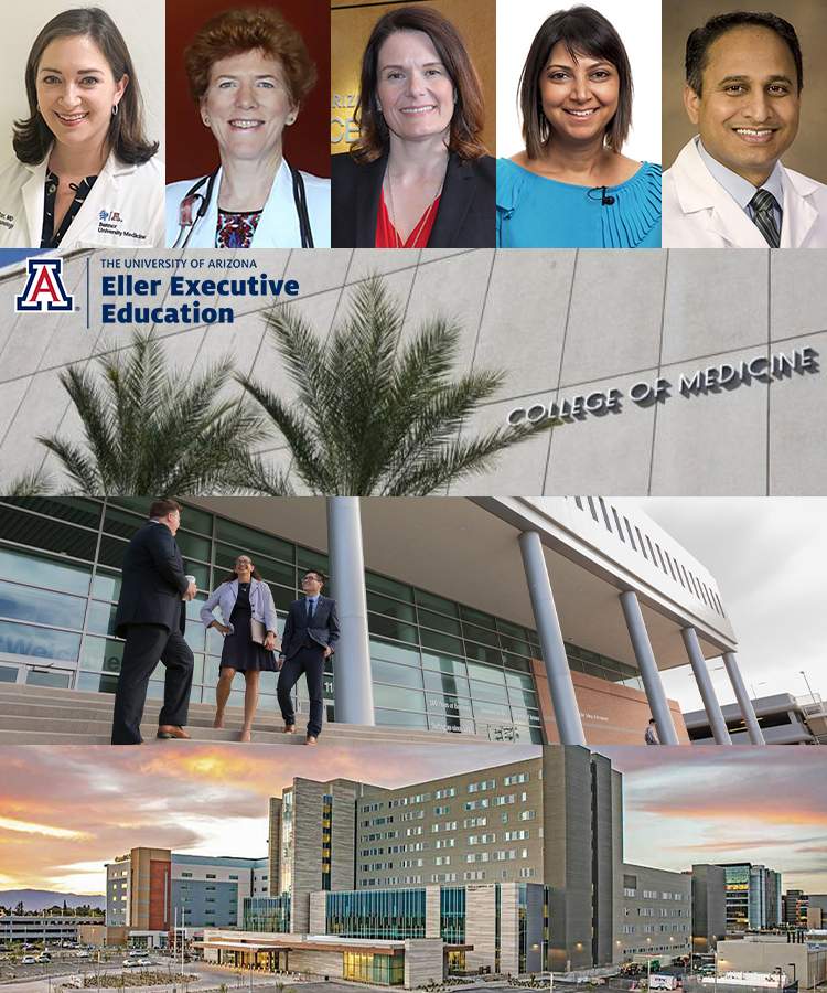 [Photo collage of DOM faculty in first cohort for Advanced Healthcare Leadership Academy: Drs. Tara Carr, Janet Funk, Elizabeth Juneman, Serena Scott and Tejo Vemulapalli]