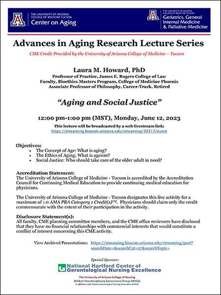 Image of flyer for June 12, 2023, Advances in Aging Lecture with Laura M. Howard, PhD, on "Aging & Social Justice"