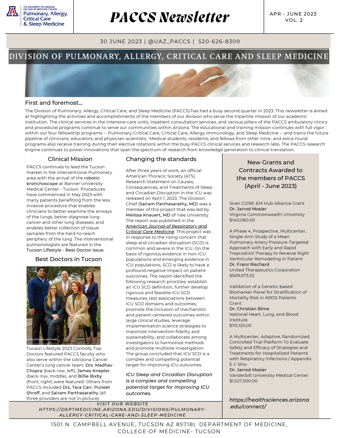 Cover of April-June 2023 issue of PACCS Newsletter, a quarterly publication of the University of Arizona Division of Pulmonary, Allergy, Critical Care and Sleep Medicine