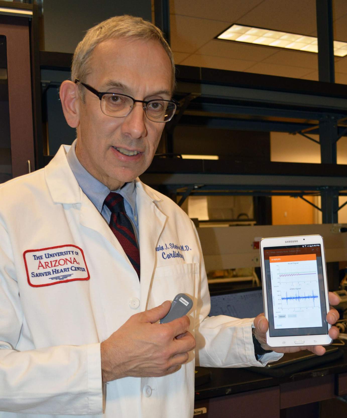 [Marvin J. Slepian, MD, leads a research lab in UA Sarver Heart Center that studies various forms and uses for wearable “patches” that have the ability to measure a range of variables, such as blood pressure.]