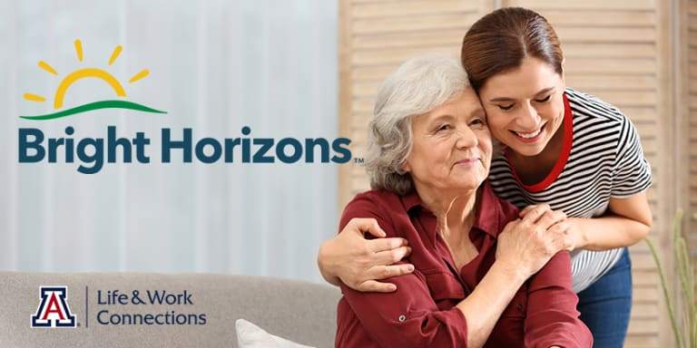 Image of a younger woman hugging an older woman from behind, with both smiling and overlay of the words: Life & Work Connections - Bright Horizons