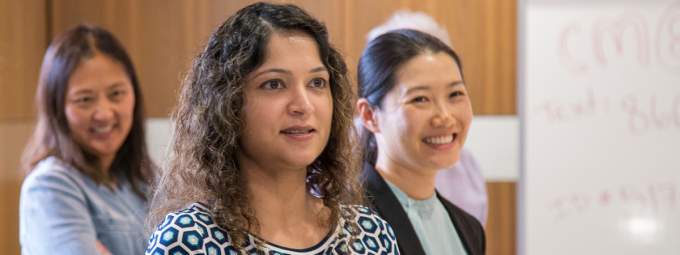 Salma Patel, MD, MPH (center), and Lora Wang, MD (right) are two members of the inaugural cohort for the Spurring Success for Women in Medicine and Science (SSWIMS) Fellowship.