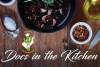 Overhead image of food, spices and utensils on wooden counter for Docs in the Kitchen dietary health demonstration event with Cookin' Docs logo