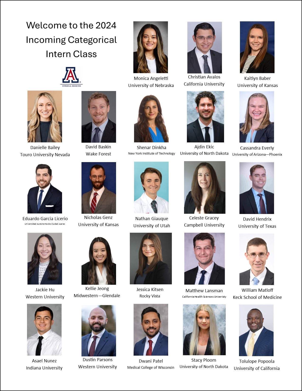 [First page of photos of incoming 2024-25 intern class for Internal Medicine Residency Program - Tucson Campus]]