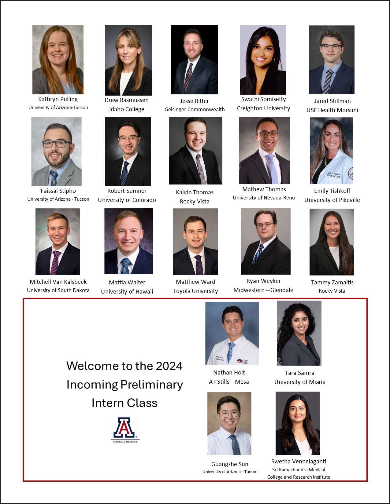 [Second page of photos of incoming 2024-25 intern class for Internal Medicine Residency Program - Tucson Campus]