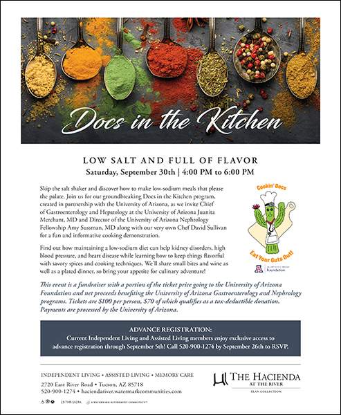 Image of flyer for Sept. 30 Docs in the Kitchen gastrodietary event focusing on low-salt diets