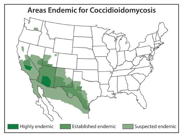 [CDC map of area endemic to Coccidioides spores that cause Valley fever]