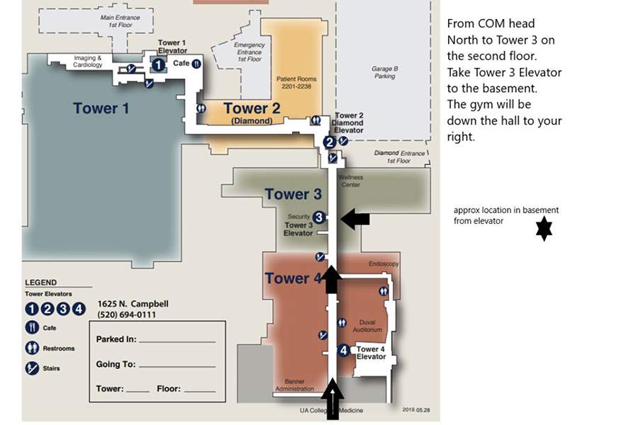 [Map of directions to the Banner Wellness Center gym in the basement of Banner – University Medical Center Tucson]