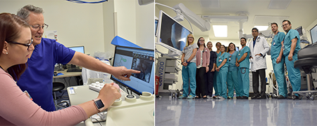 Dr. Haluszka (left) analyzes an image; Dr. Gavini (right) with the Endoscopy Services team