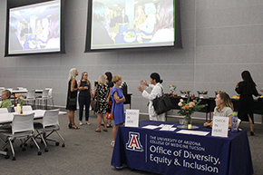 [The Division of Infectious Diseases’ Dr. Lori Fantry and the Pulmonary division’s Dr. Salma Patel chat as the Torchbearer Award event prepares to get under way.]