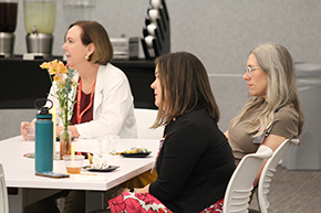 [Division of Infectious Diseases chief and Torchbearer Award nominee Dr. Liz Connick sitting with Dr. Joy Bulger Beck and Dr. Amy Klein, both with the Division of General Internal Medicine, Geriatrics & Palliative Medicine.]