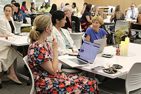 [Dr. Lori Fantry, right, talks with Drs. Desiree Golden (left) and Salma Patel (center) on a topic suggested by guest speaker Kim Faith.]