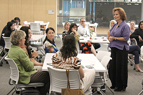 [AWCIM Fellowship in Integrative Medicine associate program director and Torchbearer Award nominee Dr. Lisa Alschuler shares a few thoughts as DOM’s Phet Chen and Dr. Clara Curiel-Lewandrowski look on.]