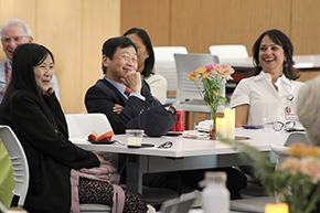 [DOM Administrator Phet Chen, DOM Chair Dr. Jim Liao and Dr. Indu Partha, with the Division of General Internal Medicine, Geriatrics & Sleep Medicine, share a laugh.]